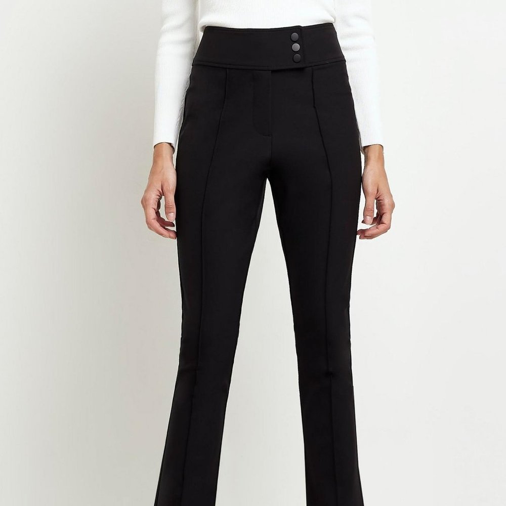 River Island High Waist Buttoned Flare Trouser, Black, Size: US 2, UK 6